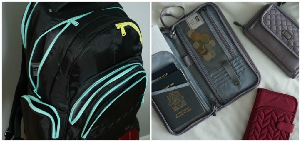 two image collage of lug backpack and travel wallets