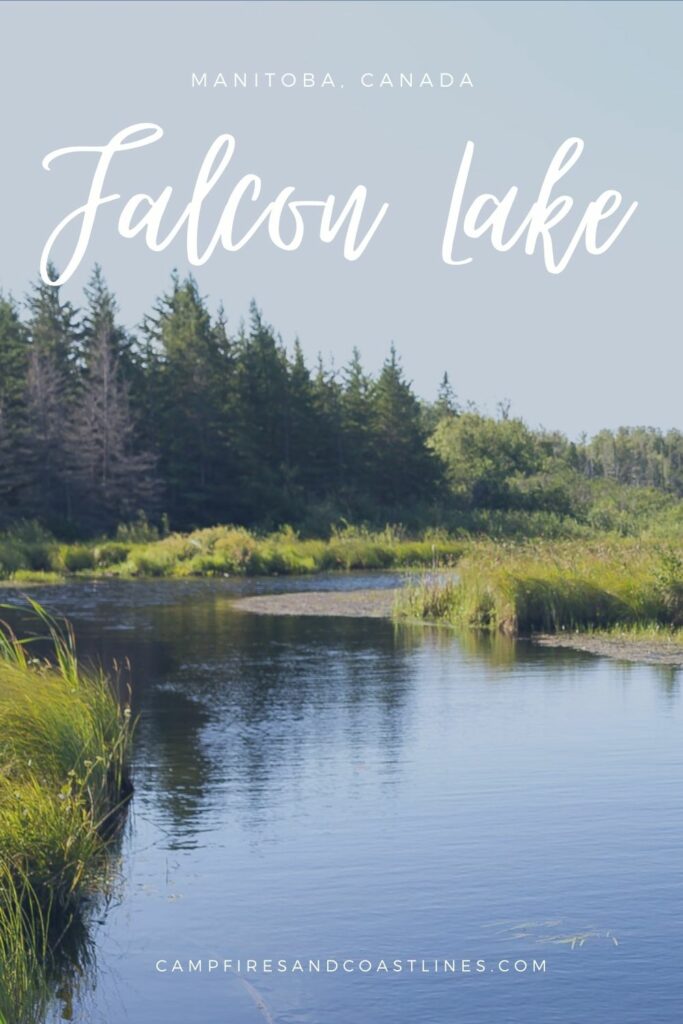 falcon lake image of pond with trees in the background and title