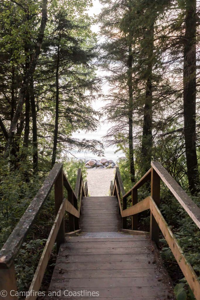 wooden stairs going down to the lake through the trees